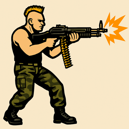 un hombre de 90 kilos rubio con un mohicano con una camiseta de tirantes negra con pantalones de militar disparando un m60 sin brazo con la perspectiva lateral de cuerpo completo.
In-Game asset.  2d.  High contrast.  No shadows