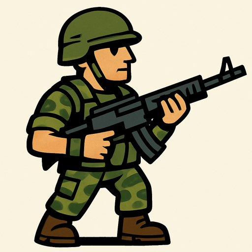 elinde silahı olan bir asker.
In-Game asset.  2d.  High contrast.  No shadows