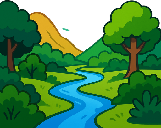 ünlü xp arkaplanı resmi gibi vadi arkapalnı ama ağçlar, çalılar ve nehir olsun 2d 2000x2200 boyutlarında.
In-Game asset.  2d.  High contrast.  No shadows
