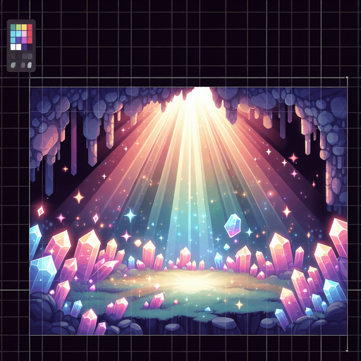 Backdrop: A crystal cavern with refracted light beams splitting into vibrant colors.

Colors: Radiant rainbow hues with a soft, dark background.

Details: Floating crystals and magical glowing particles..
Single Game Texture. In-Game asset. 2d. Blank background. High contrast. No shadows.