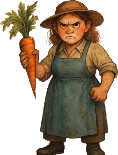 Elinde havuç olan kızgın bir çiftçi.
Karakter ayakkabısı siyah