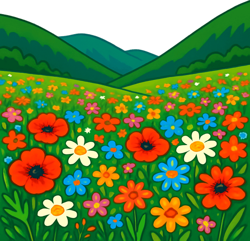 image 2d classic full warna tentang hamparan bunga bunga liar disuatu lembah.
In-Game asset.  2d.  High contrast.  No shadows