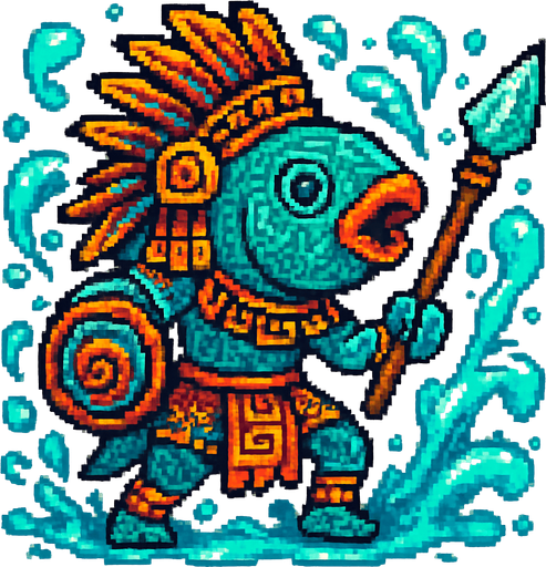 Generame un guerrero azteca con patrones, estilo pixelar, además será una Pez loro, con efectos de AGUA.
In-Game asset.  2d.  High contrast.  No shadows