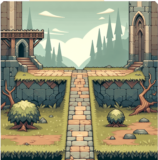 the foregund of a horizontally scrolling game, where the player walks sideways along a path. the color should be muted, fantasy medieval style. the game is a platformer or endless runner game, so everything should be seen from the side..
Single Game Texture. In-Game asset. 2d. Blank background. High contrast. No shadows.
