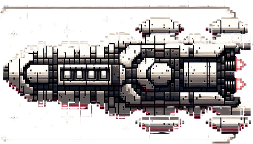 A spaceship, pixelated Single Game Texture. In-Game asset. 2d. Blank background. High contrast. No shadows.