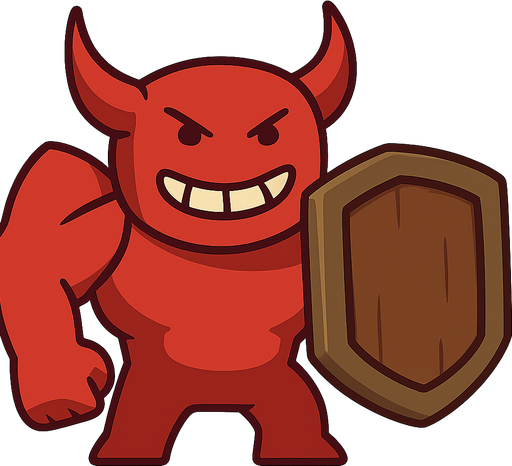  angry devil golem holding a big shield on right hand. No background. Transparent background. Blank background. No shadows. 2d. In-Game asset. flat
