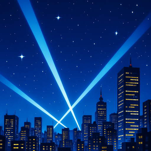 langit malam dikejauhan kota modern dengan lampu lampu sorot ke atas langit . anime 2d.  High contrast.  No shadows