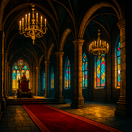 A massive medieval throne hall with golden chandeliers, crimson carpets, high arched ceilings, stained-glass windows casting colored light, majestic and solemn, realistic.
In-Game asset.  2d.  High contrast.  No shadows
