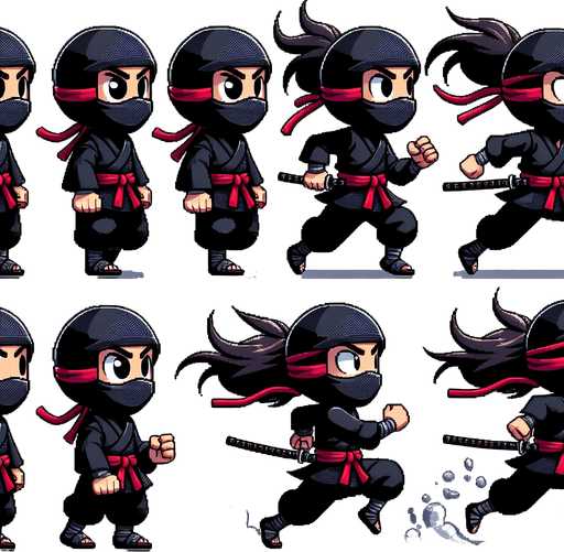 "Create a sprite sheet of a cartoon ninja running. The ninja should be wearing a black outfit with a red sash and a determined facial expression. The sprite sheet should include multiple frames to show the ninja in various stages of the running cycle, with alternating leg and arm positions. The background should be transparent.".
Style: Cartoon style, with clean lines and vibrant colors.
Character Design:
Outfit: Black ninja gi (traditional uniform) with a red sash tied around the waist.
Head: Black mask covering the lower face, revealing expressive eyes.
Hair: (Optional) If the ninja has hair, it should be flowing back in the wind as they run.
Weapon: The ninja should be carrying a weapon (sword or staff) in their hand. The weapon should also be animated to show movement as the ninja runs.
Running Animation:
Number of Frames: At least 4-6 frames for a smooth animation cycle.
Poses: Varying leg and arm positions to create a sense of movement and dynamism. Consider poses with one leg extended forward, the other back, and arms swinging in opposite directions.
Details: Pay attention to details like the flow of the clothing and the movement of the hair (if applicable) to enhance the realism of the animation.
Background: Transparent background for easy integration into the game.
Resolution: Specify a resolution that is appropriate for your game's scale and the desired level of detail (e.g., 128x128 pixels or 256x256 pixels per frame).