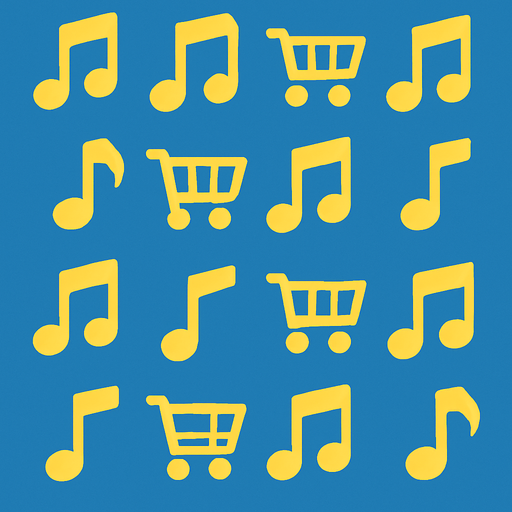 Mavi arka plan üzerinde sarı müzik notası simgeleri ve market arabası simgeleri olsun.
In-Game asset.  2d.  High contrast.  No shadows