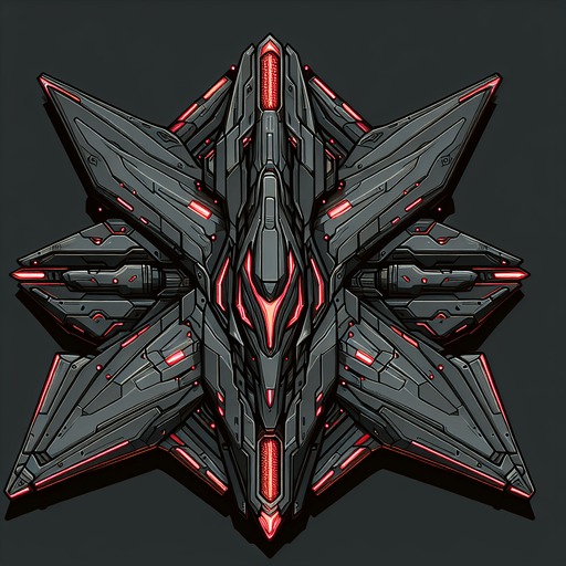 A 2D top-down view of an alien spaceship with a dark metallic body, glowing red energy cores, and sharp angular wings. The design is sleek and futuristic, suitable for a space shooter game..
Single Game Texture.  2d.  Blank background.  High contrast.  No shadows