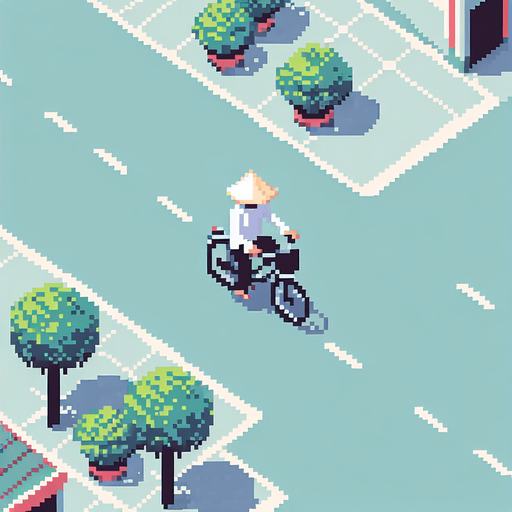 vietnamese on a bike, top down, from above, flat, 8 bit art, pixel art,
Single Game Texture. In-Game asset. 2d. Blank background. High contrast. No shadows.