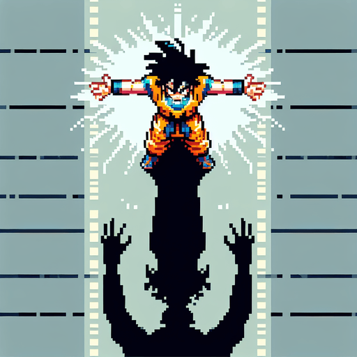 Goku arms doing kamehameha. seen from above. 8-bit. Cartoon. In game asset. No shadow Single Game Texture. In-Game asset. 2d. Blank background. High contrast. No shadows.