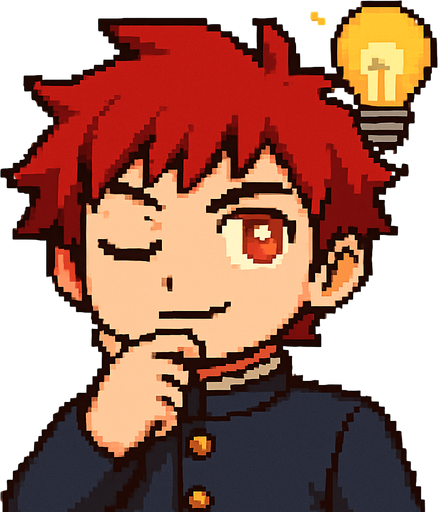 A kawaii anime boy with red eyes and a serious expression stands with his eyes closed, resting a hand under his chin in a thoughtful pose. He’s wearing a traditional Japanese school uniform called a gakuran. Suddenly, a lightbulb appears above his head—the classic symbol of a brilliant idea. He opens his eyes with determination, a confident smile forming on his face. It's Pixel Art.