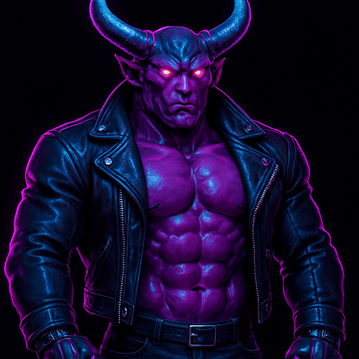 Demon robot Black leather biker jacket longsleeves shirtless muscles pecs abs hunky demon cyborg robot mecha cyberpunk neon manga futuristic monster stud beefcake