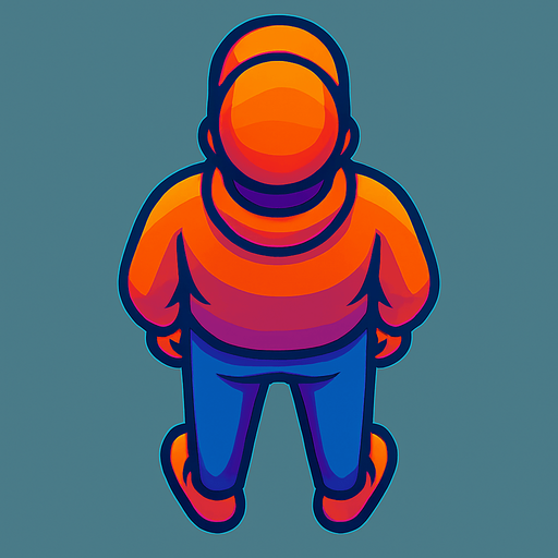 A young man standing, facing away with his back facing down. Top down view.