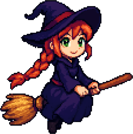 “High-quality 2D pixel art of a witch girl flying on a magic broomstick. She has fair skin, bright green eyes, and long orange braided hair. She is wearing a classic witch hat and outfit. She is sitting sideways on the broom (her body facing the viewer, but her head turned to look forward in the direction of flight). The background is a clear sky or night sky with stars. The art should have a magical, whimsical feeling with detailed shading and vibrant colors.”.
In-Game asset.  2d.  High contrast.  No shadows