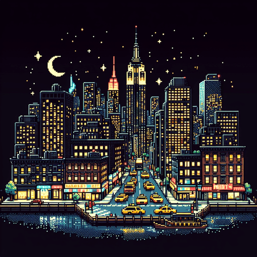8 bit image city of newyork with black sky night.
Single Game Texture.  In-Game asset.  2d.  Blank background.  High contrast.  No shadows