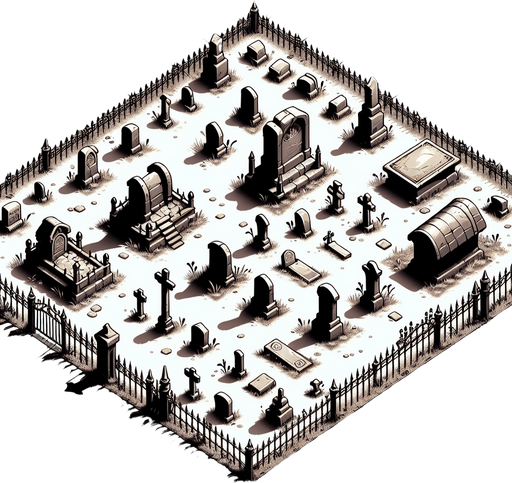 graveyard, top view.
Single Game Texture. In-Game asset. 2d. Blank background. High contrast. No shadows.