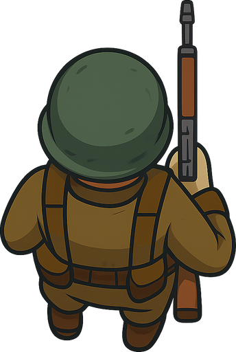 Soldier with rifle, helmeted infantryman, top view. No background. Transparent background. Blank background. No shadows. 2d. In-Game asset. flat