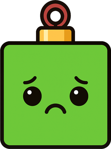 a sad perfectly square bright green Christmas decoration with cute happyy face. Cartoon style. Cute art style. Simple vector style. No Shadows.
In-Game asset.  2d.  High contrast.  No shadows