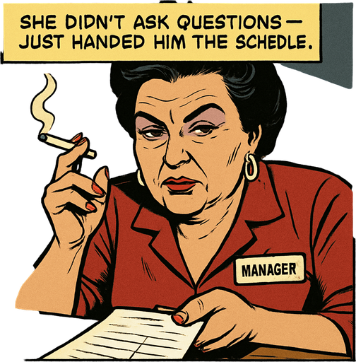 A comic panel styled like a square photo print with a clean white border. Realistic comic art. Scene: Close-up of a middle-aged woman with bold makeup, cigarette in hand, leaning over the bar. Her name tag reads “Manager.” Narrator box at the top reads: “She didn’t ask questions — just handed him the schedule.”.
In-Game asset.  2d.  High contrast.  No shadows
