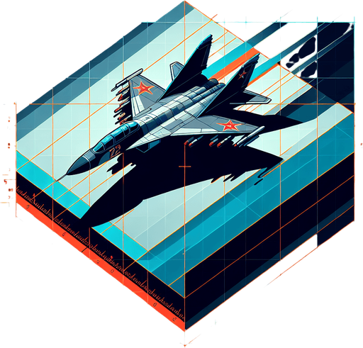 A Soviet fighter jet, facing down.
Single Game Texture.  In-Game asset.  2d.  Blank background.  High contrast.  No shadows