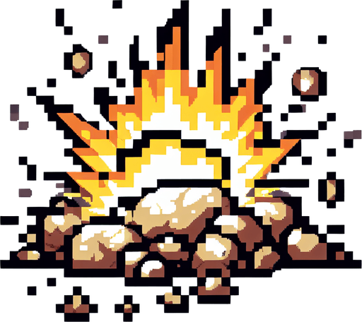 pixel art of a rocky explosion..
Single Game Texture. In-Game asset. 2d. Blank background. High contrast. No shadows.