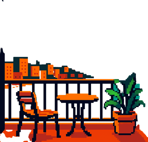balkon manzarası görüntüsü oluştur pixel art tarzında.
In-Game asset.  2d.  High contrast.  No shadows
