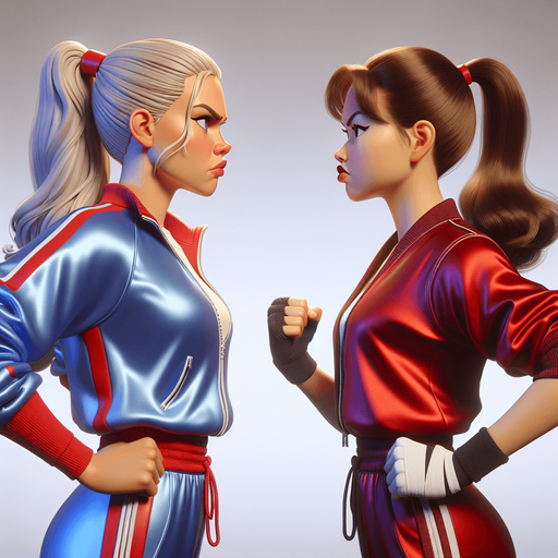 Breast to breasts. Друг против друга стоят. eye to eye. Beautiful blonde norwegian girl in satin track jacket tracksuit color blue vs beauty brunette asian girl in silk track jacket tracksuit color red. Руки за спиной грудь вперед. Смотрят боком стоят в профиль гордо подбородок вверх. Cartoon comics. Во весь рост. Гордые, красивые, злые, раздраженные, с призрением смотрят, скривили губы. Tracksuit track jacket shiny satin. Ноги в кроссовках, блондинка в белых кроссовках, брюнетка в черных кроссовках спорт. Драка бой удары борьба.
Single Game Texture. In-Game asset. 2d. Blank background. High contrast. No shadows.