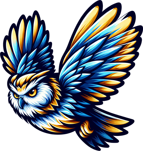 flying owl with blue gold color mix asset.
Single Game Texture.  In-Game asset.  2d.  Blank background.  High contrast.  No shadows