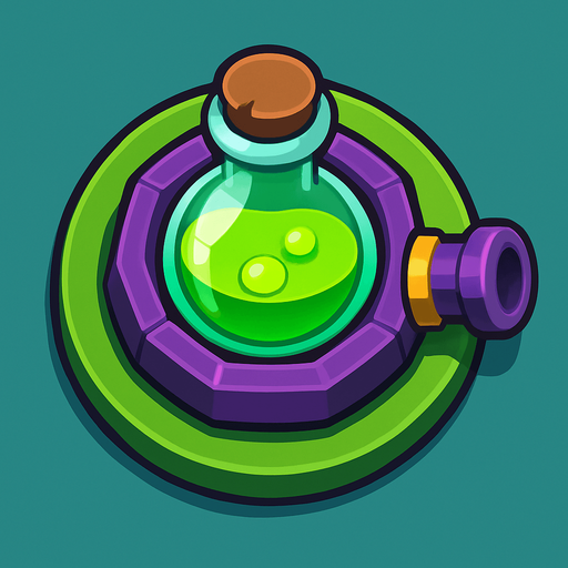 Crea la Torre Poison en un estilo 2D renderizado, limpio y cartoonish, con contornos claros y definidos, colores vibrantes con transiciones suaves, y sombreado que da volumen a sus superficies superiores.
La perspectiva debe ser VISTA CENITAL (totalmente desde arriba). Esto significa que la torre se verá como si estuviera siendo observada directamente desde arriba, con los detalles de su parte superior siendo prominentes.
La base de la torre debe ser circular para permitir un movimiento de cañón cómodo. La salida del veneno o el cañón debe apuntar hacia la DERECHA.
La torre debe tener un perfil bajo y la menor cantidad de relieve vertical posible para facilitar una rotación fluida en la animación..
In-Game asset.  2d.  High contrast.  No shadows