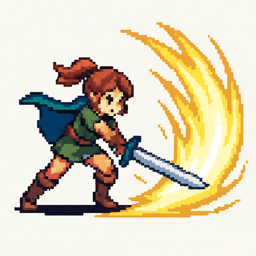 swordsgirl hero attack, sending shockwaves, pixel art, no background.
In-Game asset.  2d.  High contrast.  No shadows