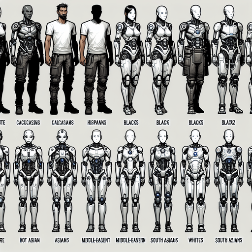 Humanoid robots.
Single Game Texture. In-Game asset. 2d. Blank background. High contrast. No shadows.