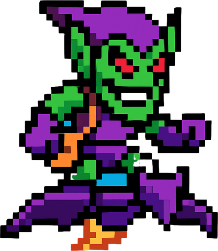 flying pixel art green goblin.
In-Game asset.  2d.  High contrast.  No shadows