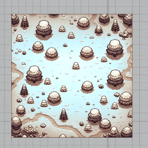 Top down snowy field with some scattered tries. Single Game Texture. In-Game asset. 2d. Blank background. High contrast. No shadows.