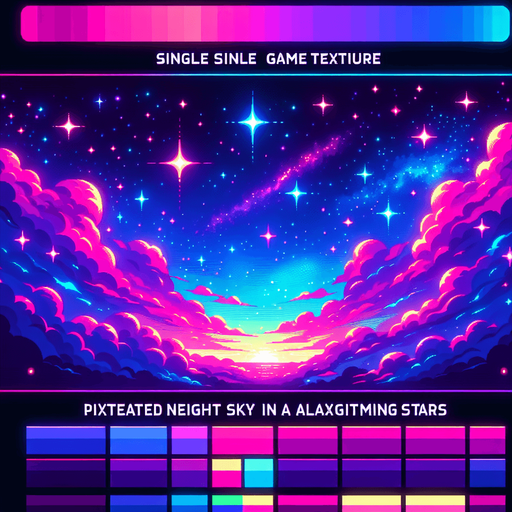 A pixel style neon night sky, with starts, background.
Single Game Texture.  In-Game asset.  2d.  Blank background.  High contrast.  No shadows