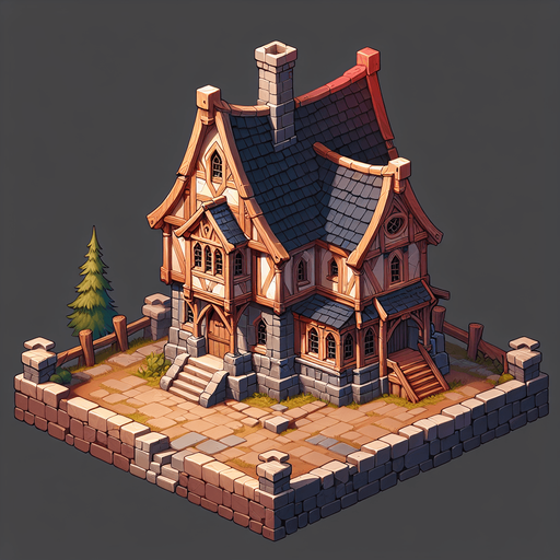 a house in a warcraft 2 style Single Game Texture. In-Game asset. 2d. Blank background. High contrast. No shadows.