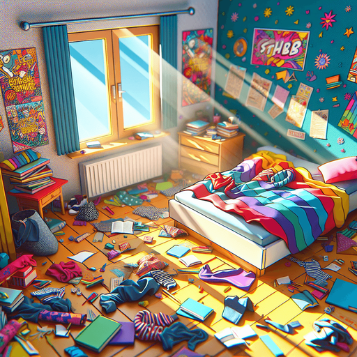 dağınık bir yatak odası, odanın içinden görünüm 3d renkli, çizgi film