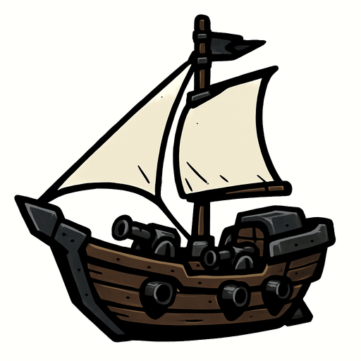The small warship is fast and agile, designed for quick attacks and evading enemy fire. It has light armor and carries a few small cannons. Its compact size makes it harder to hit but less durable..
In-Game asset.  2d.  High contrast.  No shadows