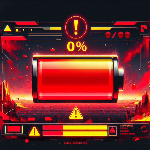 A background for a game over screen, depicting a mobile phone UI with a depleted battery at 0%. The screen features bold red and yellow colors, creating a sense of urgency and tension. A large, flashing battery icon with a red '0%' and a warning triangle is prominently displayed. The UI includes glitch effects, cracks, or distortion to suggest the phone has been overcharged and malfunctioned. The background is filled with subtle warning messages and symbols in red and yellow tones, enhancing the dramatic and high-stakes atmosphere.
Single Game Texture. In-Game asset. 2d. Blank background. High contrast. No shadows.