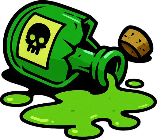 Bana yeşil kırılmış bir zehir şişesi çiz zehir yere akmış.
In-Game asset.  2d.  High contrast.  No shadows