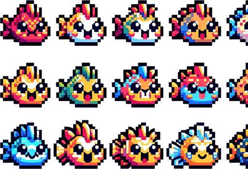 A pallet of 10 different unique fish. 8-bit art style. Fun, happy facial expressions..
Single Game Texture. In-Game asset. 2d. Blank background. High contrast. No shadows.