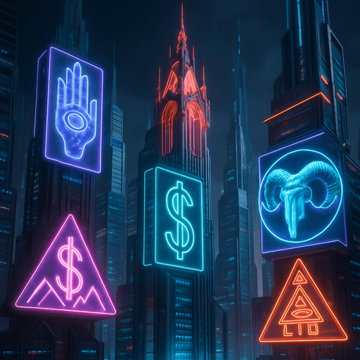 Neon cyberpunk skyscraper occult corporate logos-mixed with dark esoteric sigils capitalist subliminal commands 3d holograms billboards projections brutalist sleek architecture futuristic architecture multidimensional towering city spires glowing