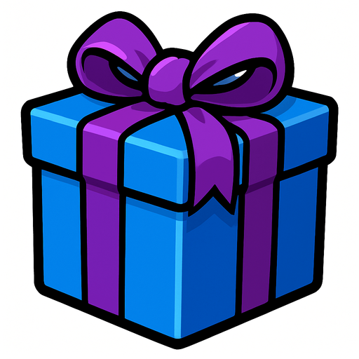 It has a purple ribbon and ribbons on a blue gift box.
In-Game asset.  2d.  High contrast.  No shadows