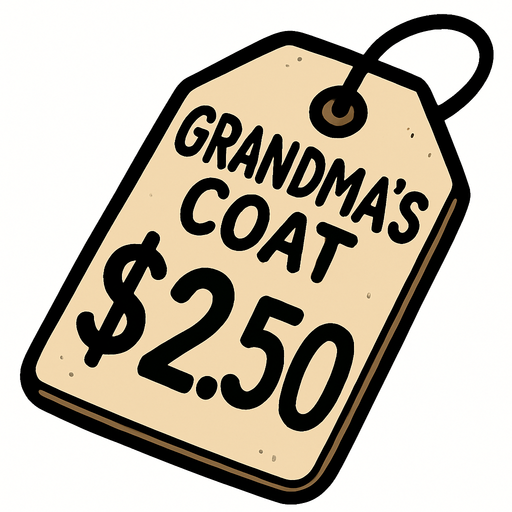 price tag that says grandma's coat $2.50.
In-Game asset. Transparent . 2d.  High contrast.  No shadows