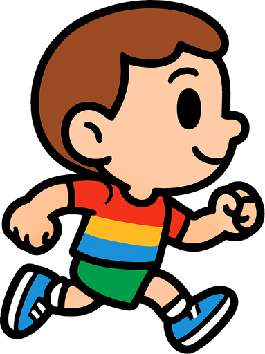 The character is a small 2D cartoon-style human with a big head and simple features. They have large eyes, a small mouth, and wear a colorful T-shirt, shorts, and sneakers. The colors are bright and friendly to make the character look playful and fun. The game is shown from a side view, so the character is always seen from the side. Only provide the running sprite, showing the character moving with simple leg and arm movements..
In-Game asset.  2d.  High contrast.  No shadows