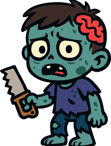 2D. Child (small) zombie. He has a small saw in his hand..
In-Game asset.  2d.  High contrast.  No shadows