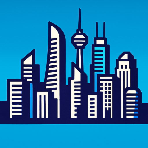 The skyline of a modern city.
In-Game asset.  2d.  High contrast.  No shadows