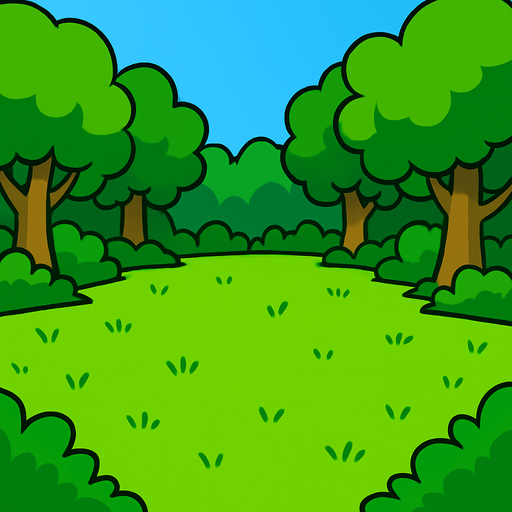 a cartoon style 3d image of a green meadow with trees on the edges and a clearing in the middle..
In-Game asset.  2d.  High contrast.  No shadows